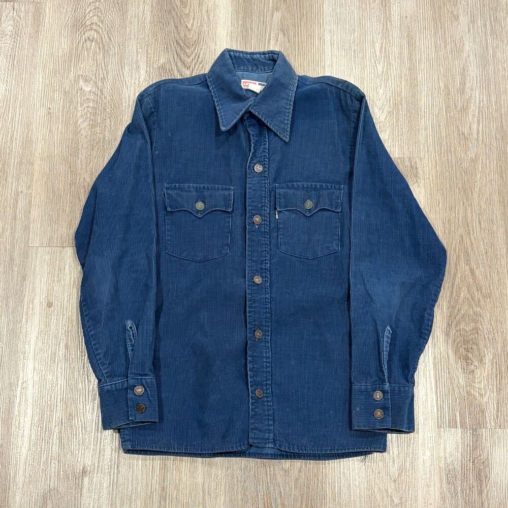 Vintage 60s 70s Levi's Big E Corduroy Button Up Shirt Men's Size Medium Blue